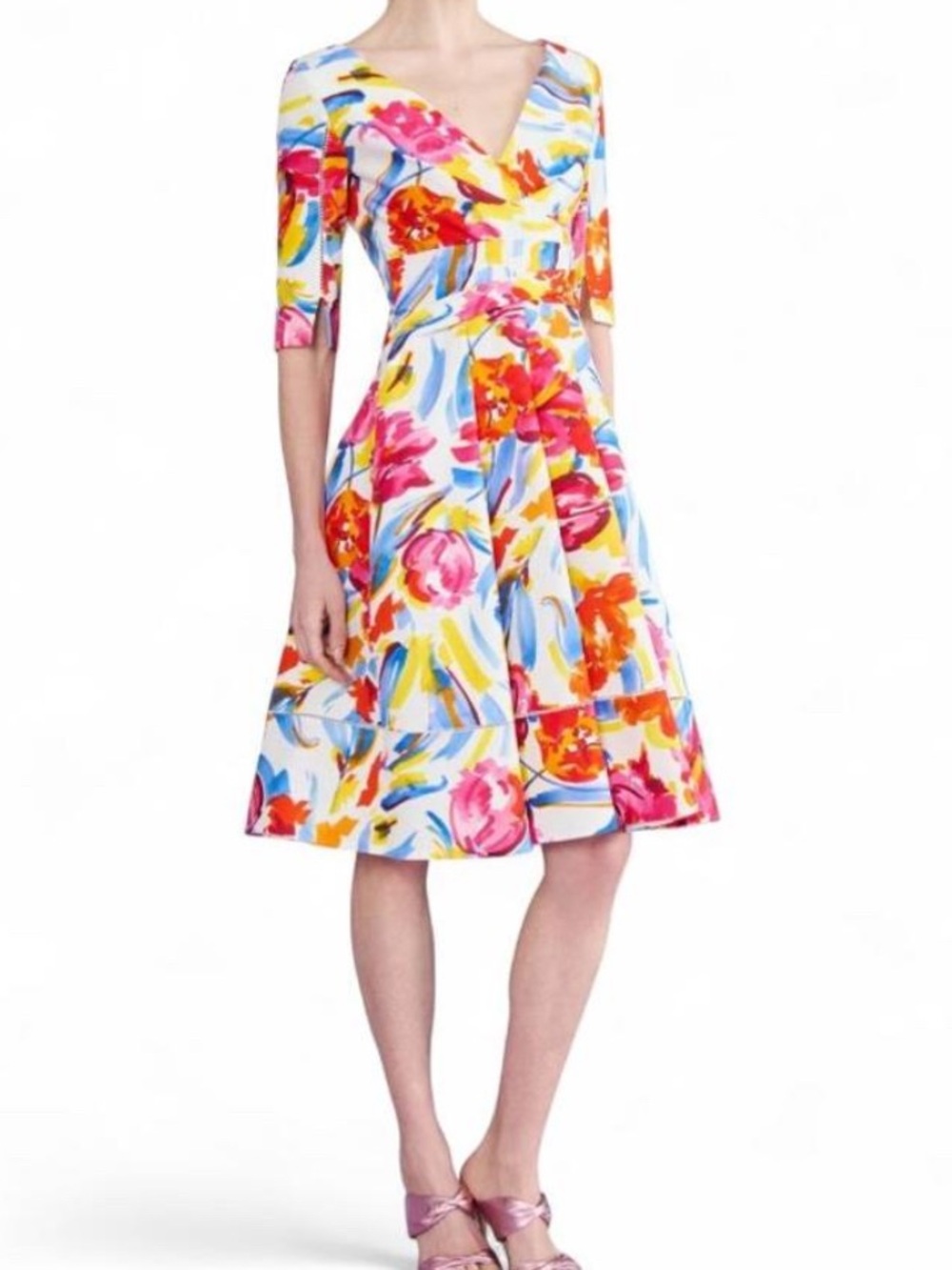 Talbot Runhof Painter Blossoms Piqué Draped Dress Multi Floral Size 6 NWOT